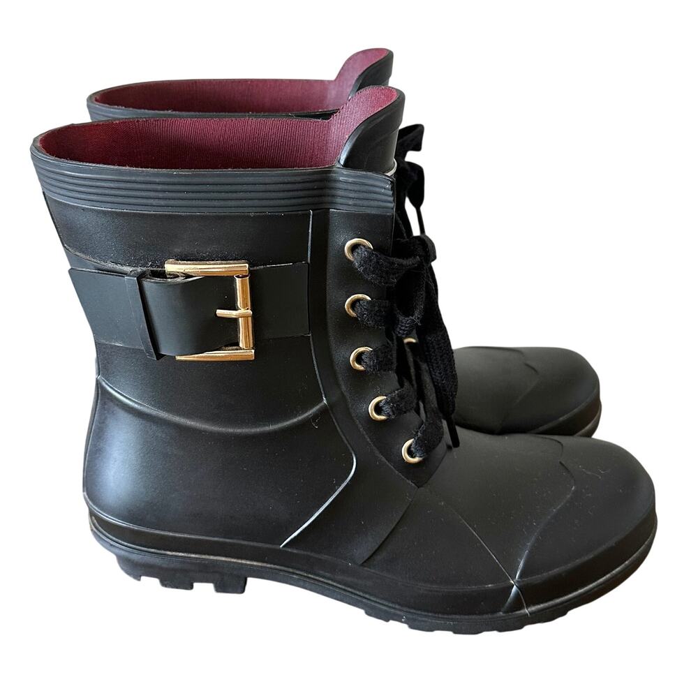 Tommy Hilfiger Women's Rain Boots Booties Lace Up with Buckle Detail Black 6